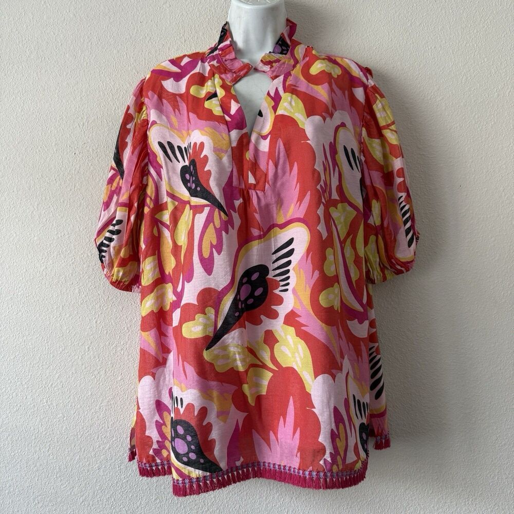 Calessa Tunic Top Womens 1X Multicolor Abstract Floral Puff Sleeve Split Artsy